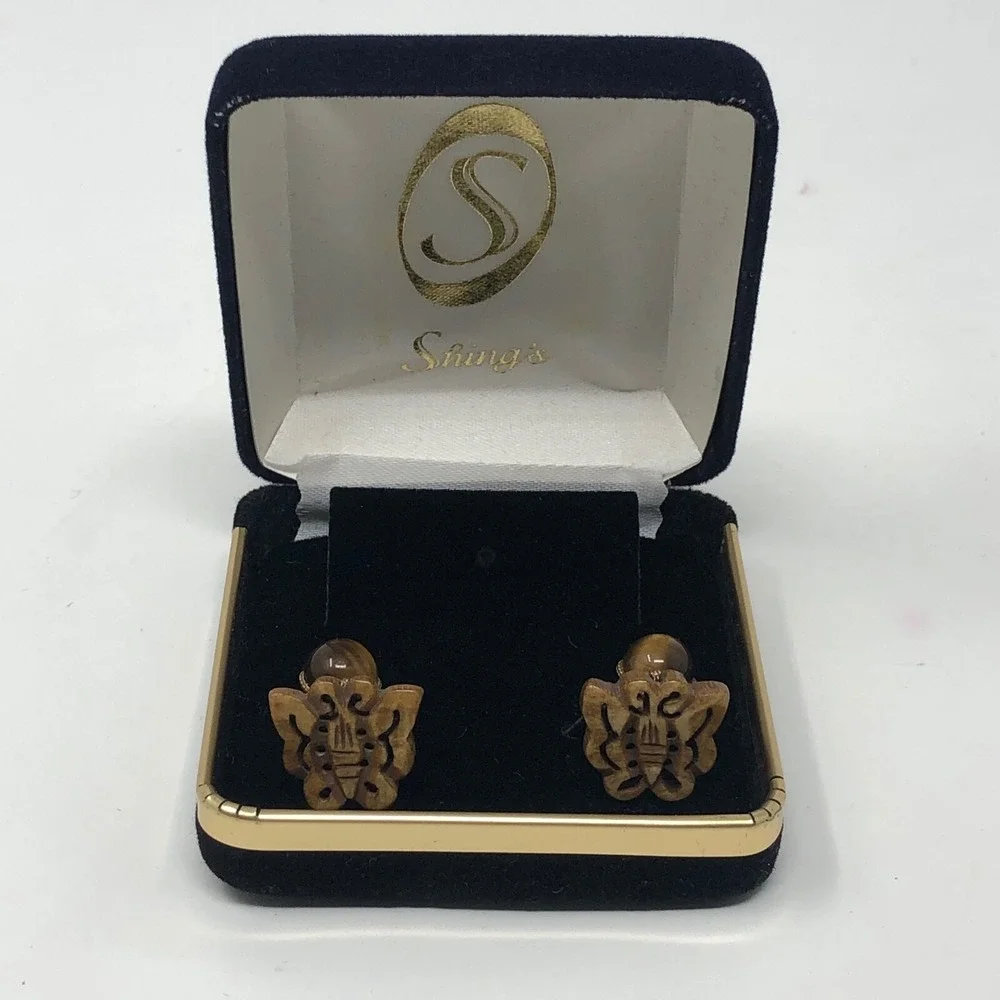 Shings Butterfly Wooden Cufflinks Unisex Brown Beaded Backs Career Wedding Boho